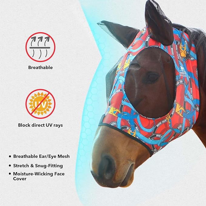 Harrison Howard Super Comfort Stretchy Fitting Horse Fly Mask with UV Protection Soft on Skin with Breathability Knitted Printing Large