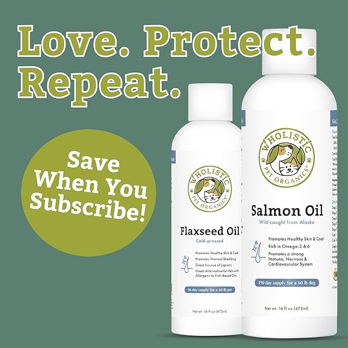 Wholistic Pet Organics Salmon Oil: Deep Sea Wild Alaskan Salmon Oil for Dogs and Cats - Natural Omega 3 Dog Fish Oil Supplement with EPA and DHA for Skin, Coat, Heart and Nervous System Health