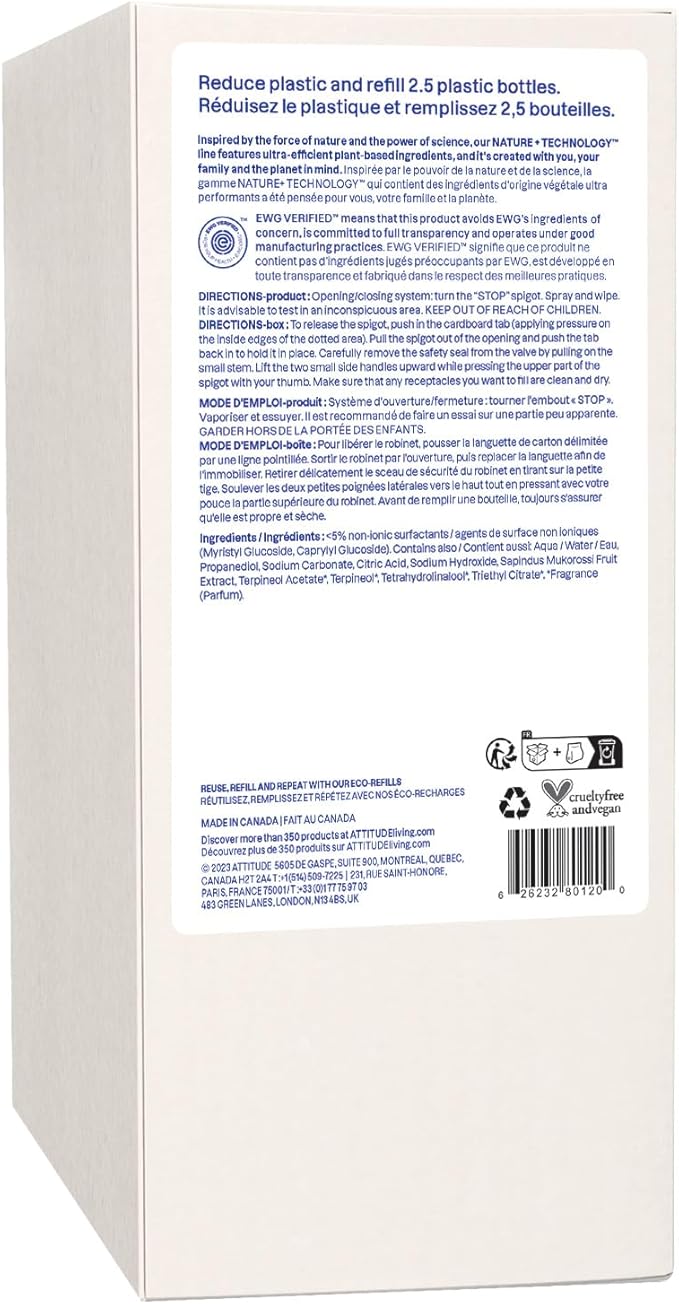 ATTITUDE All-Purpose Cleaner Refill, EWG Verified, Plant-Based & Vegan, Multi-Surface Cleaning Spray, Citrus Zest Scent, 67.6 Fl Oz
