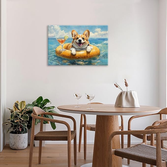 Ocean Funny Corgi Dog Pictures Wall Art, Bathroom Cute Dog Wall Decor Sea Coastal Framed Painting Beach Canvas Artwork for Bathroom Bedroom Living Room Decorations 24"L x 16"W