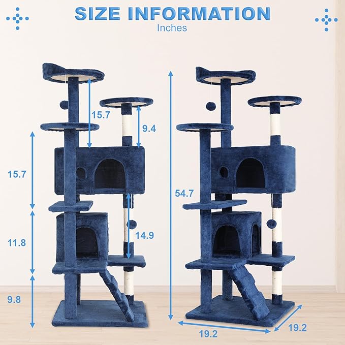 FDW Cat Tree 54in Cat Tower Multi-Level Durable Cat Scratching Post & Cozy Fun Cat Jumping Platform Space Saving Cat Condo Pet Play House for Indoor Cats,Navy Blue