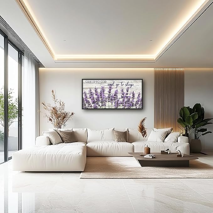 Large Lavender Wall Art for Living Room, Framed Oversized Rustic Floral Wall Decor Christian Give It To God Canvas Painting Modern Artwork for Living Room Bathroom Bedroom Office Dining Room 60"x30"