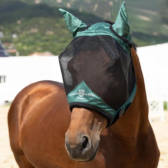Harrison Howard Pro Luminous Horse Half Face Fly Mask Large Eye Space with Ears UV Protection for Horse Hunter Green XL