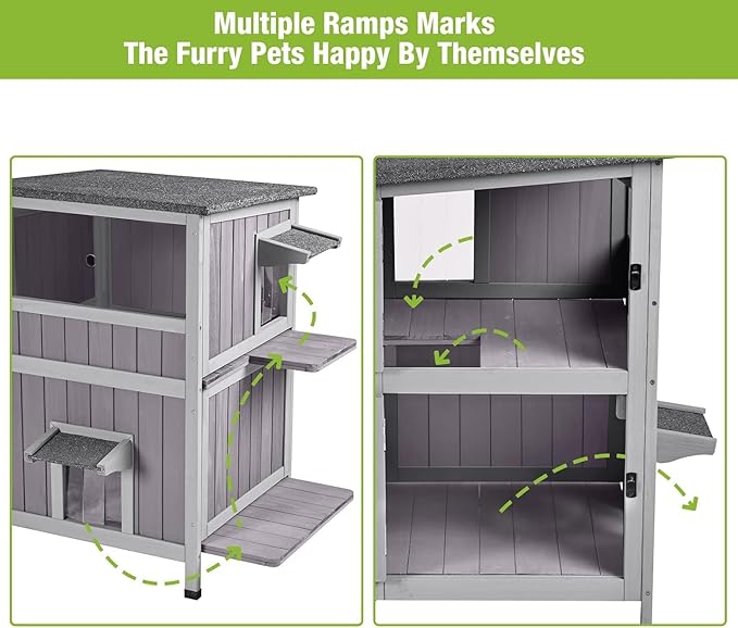 GUTINNEEN Outdoor Cat House Weatheproof Feral Cat Shelter Wooden Cat Condo for Winter with Escape Doors(AIR14)