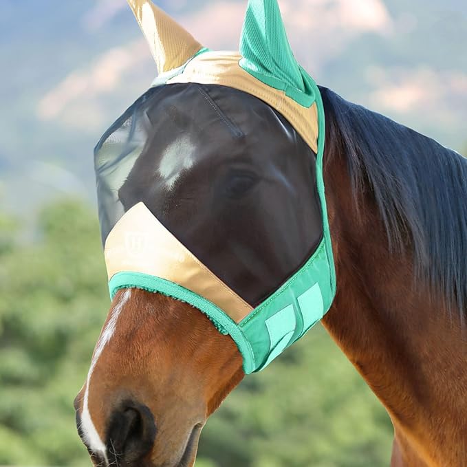 Harrison Howard Pro Luminous Horse Fly Mask Standard with Ears UV Protection for Horse Champagne Gold/Mint Large Full Size
