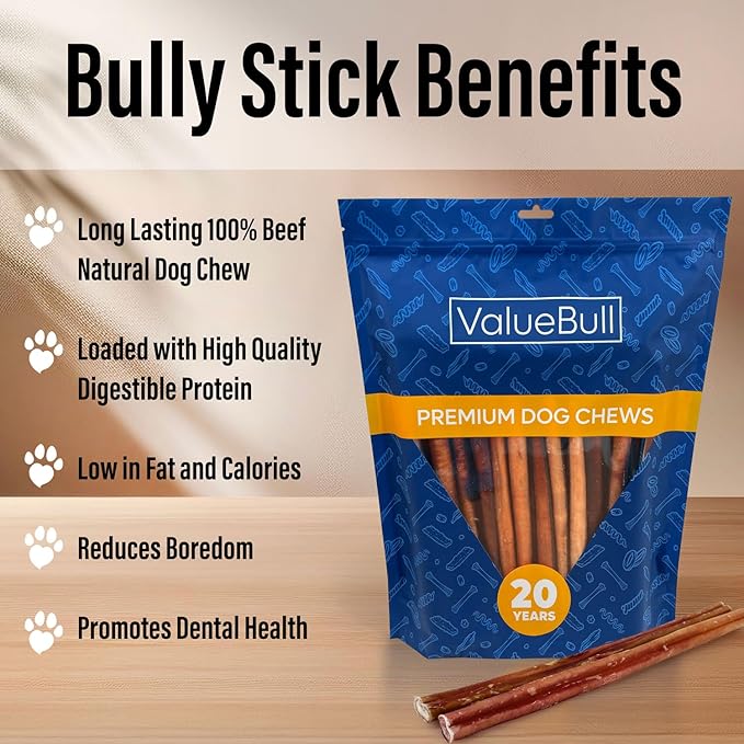 ValueBull Bully Sticks for Dogs, Medium 12 Inch, 400 Count Wholesale Pack - All Natural, Grass Fed, Single Ingredient, Long Lasting Dog Treats