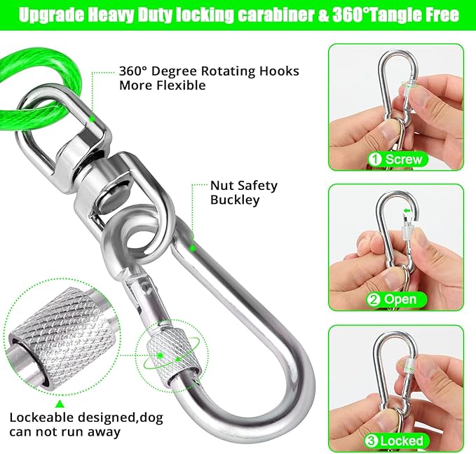 Jenico Dog Tie Out Cable - 10/15/20/30/40/50/70/100/150FT Runner Cable with Swivel Hook and Shock Spring, Outdoor and Camping Dog Leash Run Tether for Small to Medium Pets Up to 500 LBS