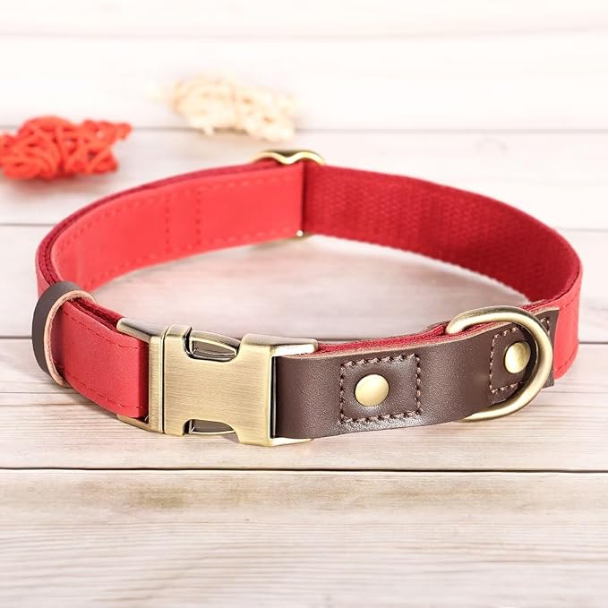 Didog Soft PU Leather Dog Collars for Medium Dogs,Classic Adjustable Dog Collars with Quick Release Metal Buckle,Easy Clean and Comfortable with Nylon Lining,Red,M Neck 13-19"