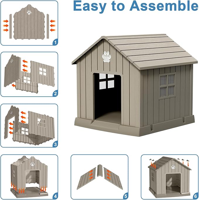 Dog House Indoor Outdoor for Small to Large Sized Dogs Resin Outdoor Dog House with Ventilation Puppy Shelter with Elevated Floor, Easy to Assemble, Blue