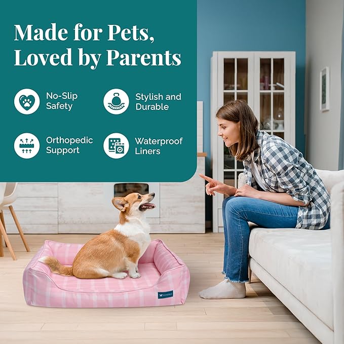 Orthopedic Bolster Dog Bed β CertiPUR-US Foam, Recycled Polyester Canvas, Washable Cover, Anti-Slip Bottom, Medium, Pink Check β Stylish Designer Dog Sofa
