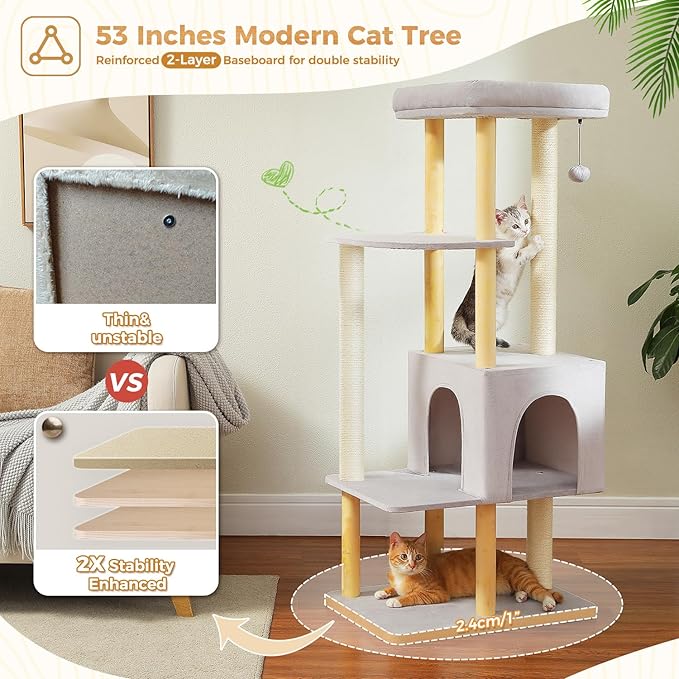 PAWZ Road Large Cat Tree, 53 Inches Modern Wooden Cat Tower for Indoor Cats, Multi-Level Cat Condos with Long Scratching Posts and Natural Wood Posts,Gray