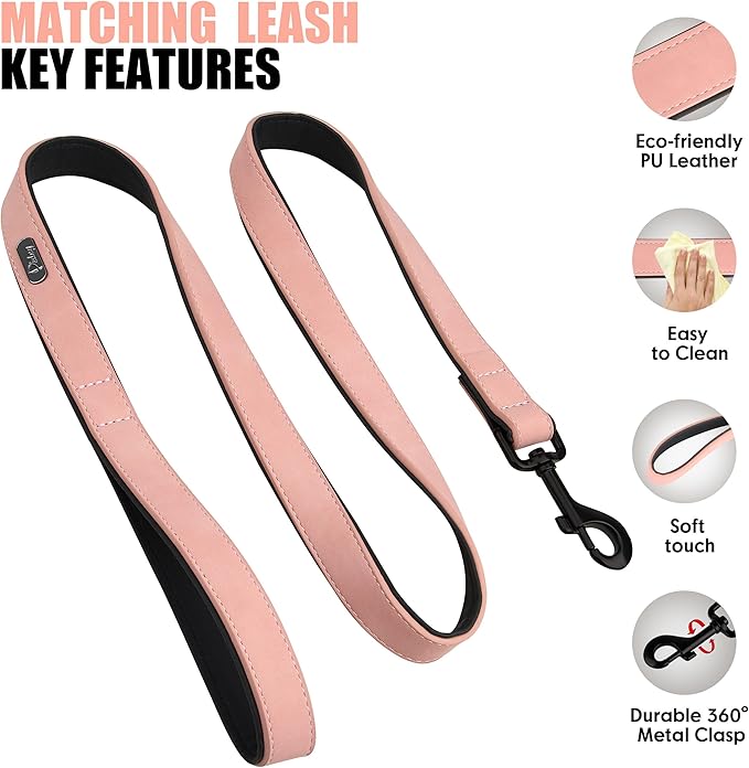 Didog Soft Padded Leather Dog Collar and Leash Set,Pink Breathable Pet Collars with 4FT PU Leather Dog Leash for Small Medium Large Dogs, Pink, M