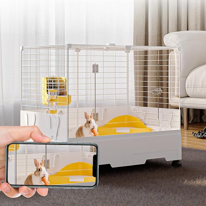 Oneluck Indoor Bunny Cage with Pull-Out Tray,Wheels and Transparent Panel,Rabbit, Guinea Pig, Chinchillas, and Small Animal Condo