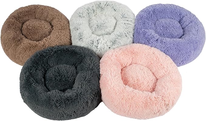 Best Pet Supplies Round Donut Dog Bed with Plush Faux Fur Fabric, Calming, Anti-Anxiety Cushion for Indoor Pets, Slip-Resistant Base, Soft Ergonomic Support - Light Warm Gray, 30x30x8''