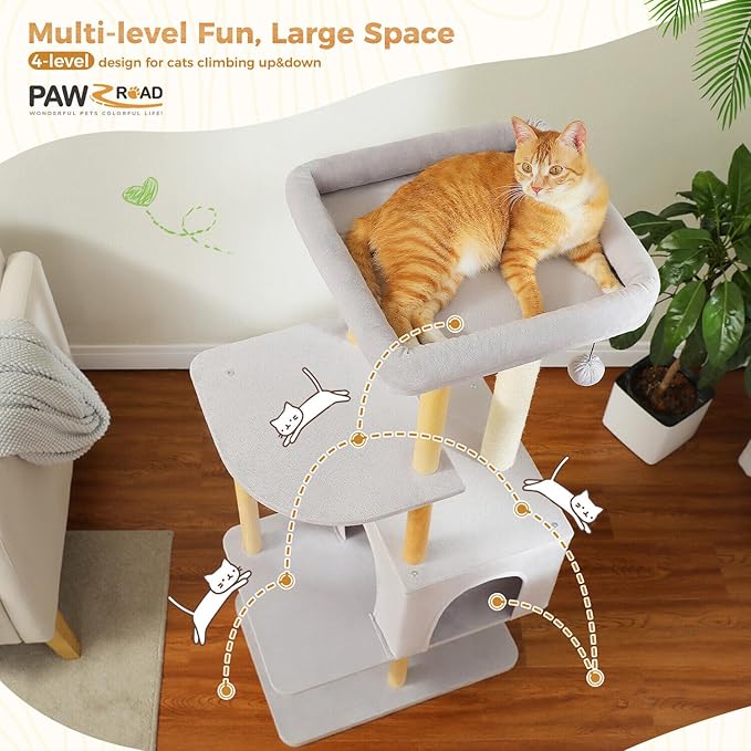 PAWZ Road Large Cat Tree, 53 Inches Modern Wooden Cat Tower for Indoor Cats, Multi-Level Cat Condos with Long Scratching Posts and Natural Wood Posts,Gray