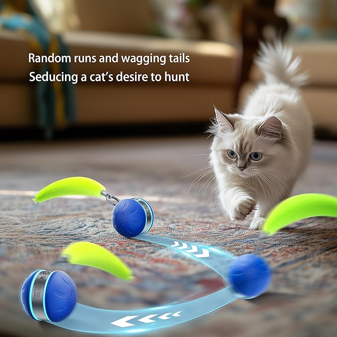 Interactive Cat Toys for Indoor Cats with 3 Mouse Tails,Electric Cat Ball Toy with Bird Chirping Sounds,Automatic Spinning Moving,300mAh Long Endurance Type-C Rechargeable,Pet Cat Supplies (Blue)