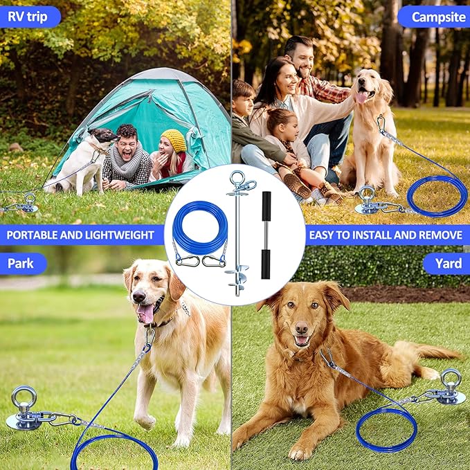 Dog Tie Out Cable and Stake,45FT Heavy Duty Cable,360°Swivel Dog Run- No Tangle,Runner for Yard- Up to 150LBS,Ideal for Outdoor Camping