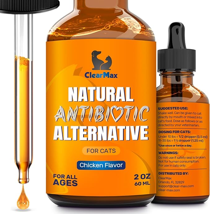 Cat Antibiotic to Help with Cough & Allergies โ Antibiotics for Cats to Aid with UTIs and Digestive Moments โ HIPS & Joints Support โ Attractive Chicken Taste โ 2 Oz Bottle
