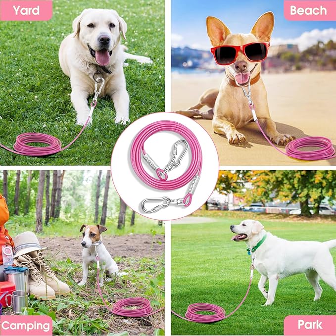 Dog Tie Out Cable for Outside,20FT Long Dog Leash&Chains with Swivel Hook,Small-Large Dogs Runner Cable for Yard,Heavy Duty Dogs Lead Line for Outdoor and Camping (500lbs 20FT, Pink)