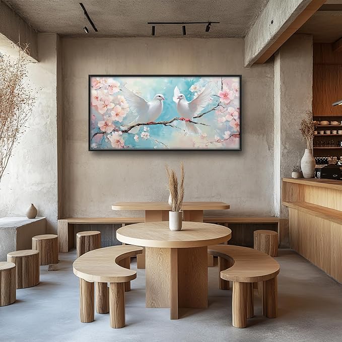 Large White Dove Flower Wall Art for Living Room, Framed Oversized Pigeon Cherry Blossom Wall Decor Nature Canvas Painting Modern Artwork for Living Room Bathroom Bedroom Office Dining Room 60"x30"