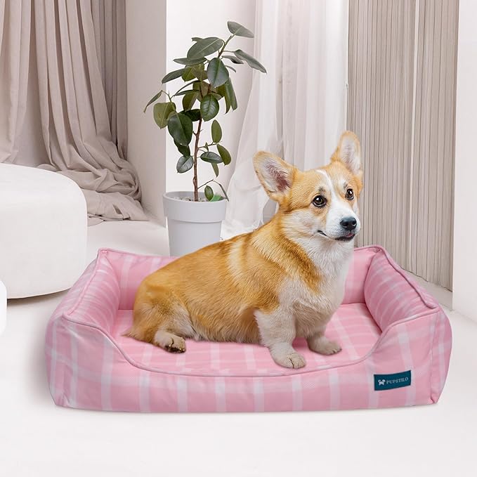 Orthopedic Bolster Dog Bed β CertiPUR-US Foam, Recycled Polyester Canvas, Washable Cover, Anti-Slip Bottom, Medium, Pink Check β Stylish Designer Dog Sofa