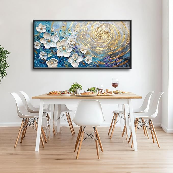 Flower Large Wall Art White Floral Pictures Abstract Golden Spiral Texture Wall Decor Canvas Print Painting Artwork for Bathroom Living Room Bedroom 60L" x 30W"