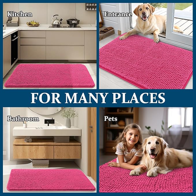 OLANLY Dog Door Mat for Muddy Paws 59x24, Absorbs Moisture and Dirt, Absorbent Non-Slip Washable Doormat, Quick Dry Chenille Mud Mat for Dogs, Entry Indoor Entryway Carpet for Inside Floor, Hot Pink