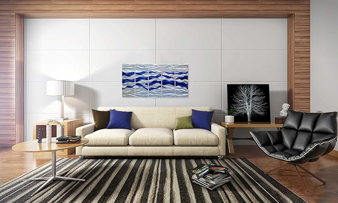 SYGALLERIER Abstract Coastal Metal Wall Art Handcrafted Big 3D Blue and Silver Artwork Modern Sea Waves Pictures Contemporary Sculpture for Living Room Bedroom Bathroom Decor