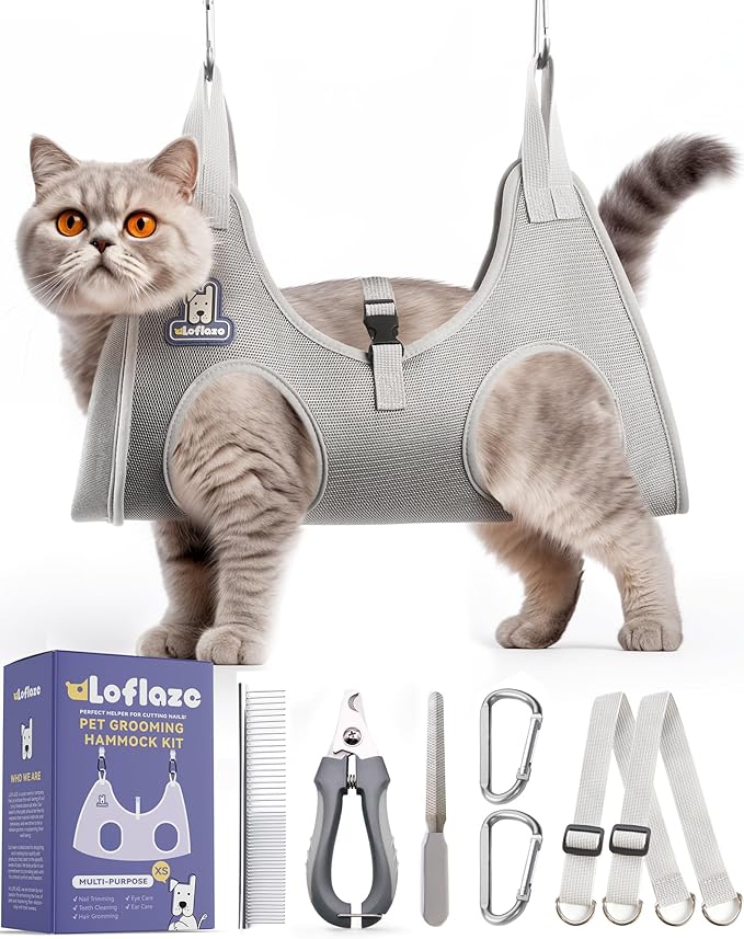 Dog Grooming Hammock Harness for Dogs & Cats with Pet Nail Clipper Trimmer - Cat Hanger Sling for Trimming Clipping Nails- Dog Hammock Restraint Bag for Small Medium Large pet ( Grey XS)