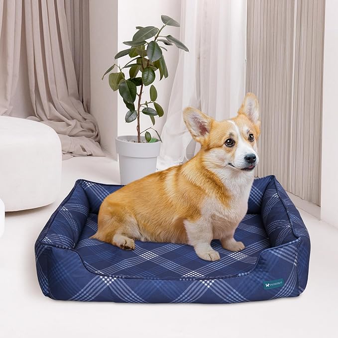 Orthopedic Bolster Dog Bed β CertiPUR-US Foam, Recycled Polyester Canvas, Washable Cover, Anti-Slip Bottom, Large, Navy Plaid β Stylish Designer Dog Sofa