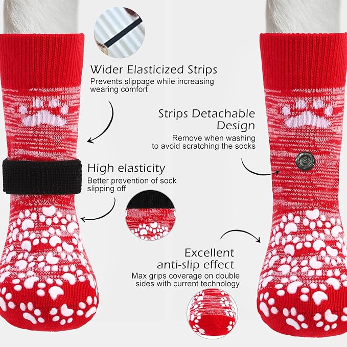 EXPAWLORER Anti Slip Dog Socks, Red, Medium, 4 Count, Fabric, Elastic Band, Dog, Paw Protection, Indoor & Outdoor