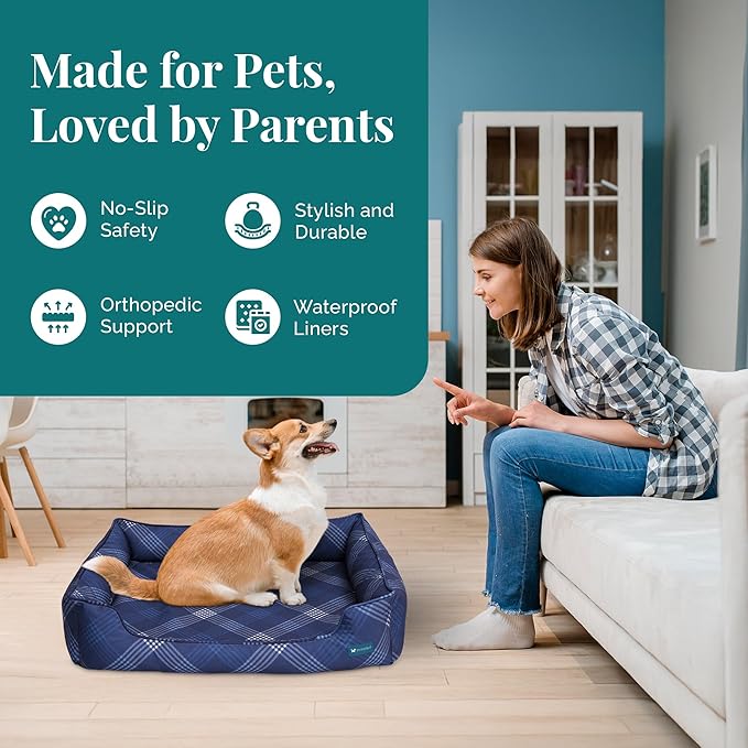 Orthopedic Bolster Dog Bed β CertiPUR-US Foam, Recycled Polyester Canvas, Washable Cover, Anti-Slip Bottom, Medium, Navy Plaid β Stylish Designer Dog Sofa