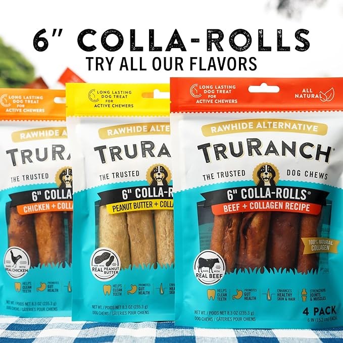 Collagen Rolls - 6" Collagen Rolls for Dogs - Long Lasting Healthy Joint Support - Rawhide Alternative - Skin & Coat Health - Made with Real Beef, Value Pack, 3 Bags, 12 Count