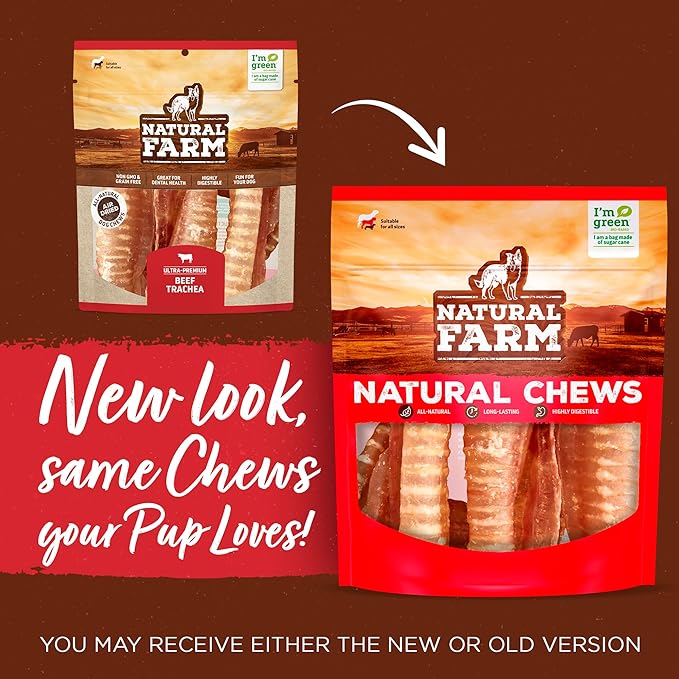 Natural Farm Beef Trachea for Dogs (6 Inch, 6 Pack)- 100% Beef,Odor Free Trachea Dog Chews- Glucosamine & Chondroitin for Joint & Hip Mobility, Bone Strength- Low-Fat Crunchy & Crispy- for All Dogs