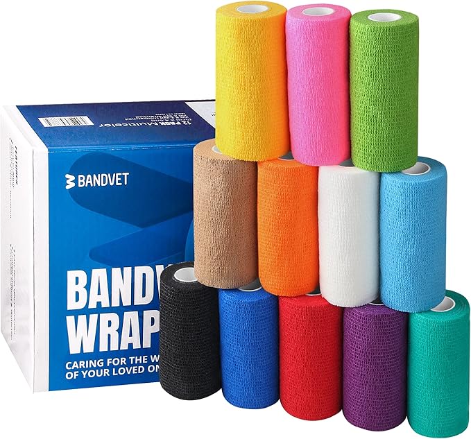 Self Adhesive Bandage Wrap - Pack of 12 Assorted Colors, Non-Woven, Breathable & Water-Resistant Vet Wrap for First Aid, Sports Injury, Body Sprains, & Pets - 4 Inch x 5 Yards