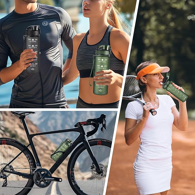 Enerbone Water Bottle, Leakproof BPA & Toxic Free, Motivational Water Bottle with Times to Drink and Straw, Fitness Sports Water Bottle with Strap for Office, Gym, Outdoor Sports