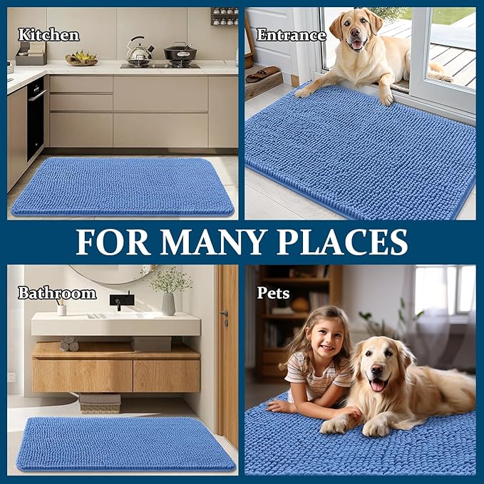 OLANLY Dog Door Mat for Muddy Paws 24x16, Absorbs Moisture and Dirt, Absorbent Non-Slip Washable Doormat, Quick Dry Chenille Mud Mat, Entry Indoor Entryway Carpet for Inside Floor, Cornflower Blue