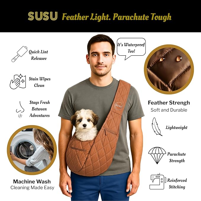 Small Dog Carrier Sling – Copper Brown Hands‑Free 2‑in‑1 Cross‑Body & Handheld Pet Sling for Small Dogs up to 10 lbs, Parachute‑Grade Rip‑Stop Nylon, Padded Strap & Safety Tether