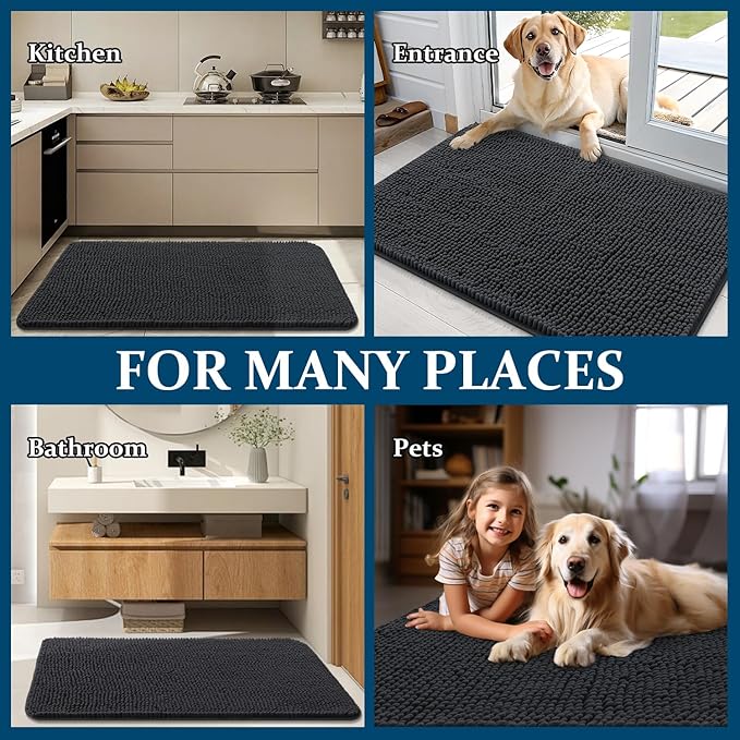 OLANLY Dog Door Mat Set 4-Piece 30x20, Absorbs Moisture and Dirt, Absorbent Non-Slip Washable Doormat, Quick Dry Chenille Mud Mat for Dogs, Entry Indoor Entryway Carpet for Inside Floor, Dark Grey