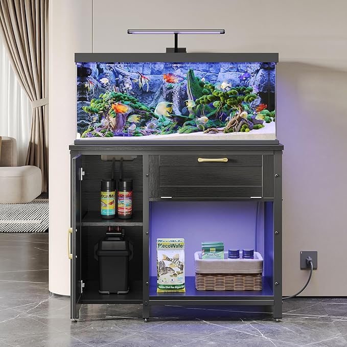 Bestier 40-50 Gallon Fish Tank Stand with Power Outlet&LED Light, 37x18 Heavy-Duty Metal Aquarium Stand with Cabinet&Drawer for Accessories Storage, Suit for Reptile/Turtle Terrarium,660Lbs Capacity