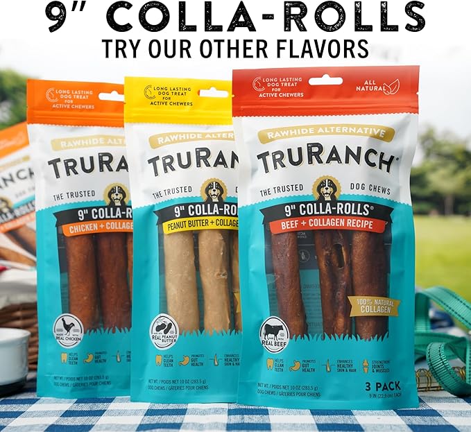 Collagen Rolls - 9" Collagen Rolls for Dogs - Long Lasting Healthy Joint Support - Rawhide Alternative - Skin & Coat Health - Made with Real Beef, Value Pack, 3 Bags, 9 Count