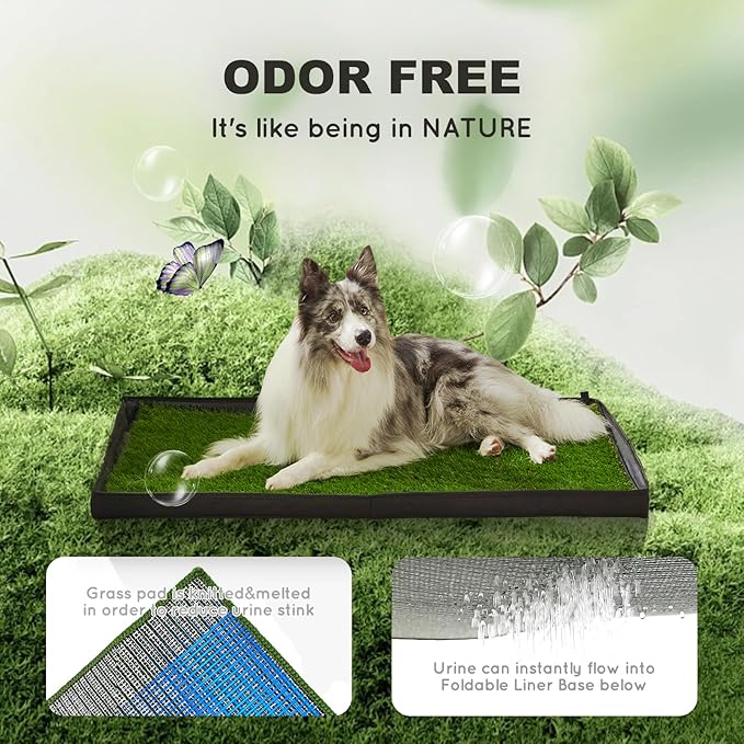 Dog Grass Pad with Foldable Dog Litter Box,Large Liner Base for Balcony,Ultra-Absorbent Artificial Grass Pads for Dogs Pee Pad Holder, Potty Training, 2 PCS Reusable Pee Pad