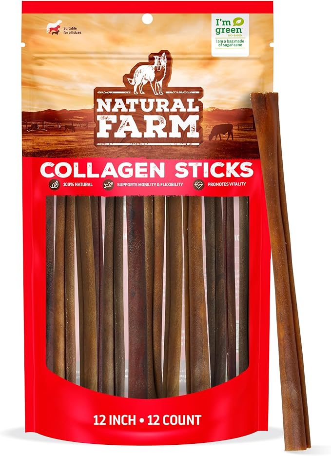 Natural Farm Odor-Free Collagen Chews, (12-Inch, 12-Pack), Long Lasting Bully Sticks & Rawhide Alternative Dog Treats, 95% Collagen, High Protein Best Dental Dog Treats β Medium & Large Dogs