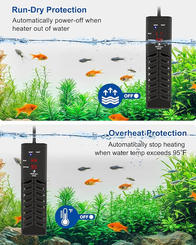 fishkeeper 500W Submersible Aquarium Heater – Ultra-Safe Digital Fish Tank Heater for 53-130 Gallon, Leaving Water Auto Power-Off, PID Intelligent Fast Heating, 59°F-93°F Accurate Temperature Control
