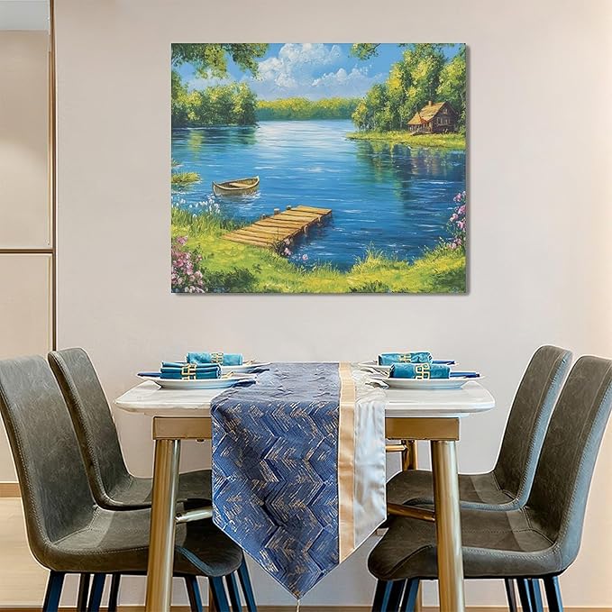 Large Lake Cabin Wall Art for Living Room, Framed Oversized Tree Boat Wildflowers Wall Decor Nature Landscape Canvas Painting Modern Artwork for Bathroom Bedroom Office Dining Room 36"x24"