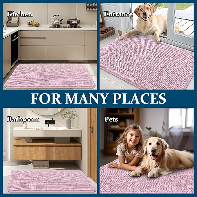 OLANLY Dog Door Mat for Muddy Paws 24x16, Absorbs Moisture and Dirt, Absorbent Non-Slip Washable Doormat, Quick Dry Chenille Mud Mat for Dogs, Entry Indoor Entryway Carpet for Inside Floor, Dusty Rose