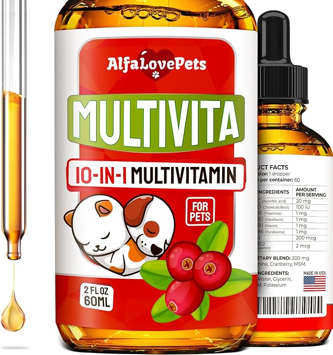 Liquid Multivitamin for Dogs โ Cat Multivitamins for Indoor Cats โ 10-in-1 Liquid Dog Vitamins B Complex, C, D3 โ Digestion, Urination, Hip & Joint, Skin & Coat โ Cranberry Flavor โ 2 Oz