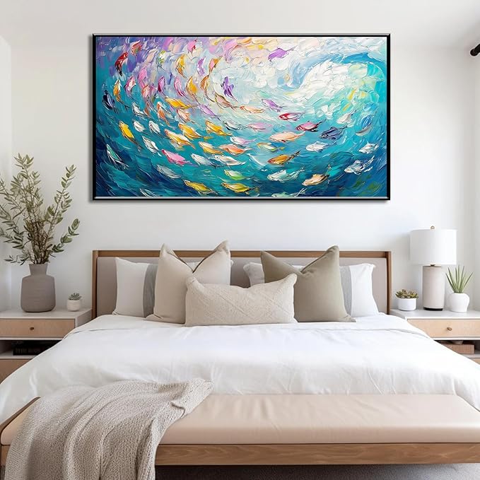 Fish Canvas Wall Art, Abstract School of Fish Canvas Wall Art, School of Fish Painting Canvas, School of Fish Wall Art, Fish Wall Decor, Fish Pictures Wall Decor, Bedroom Canvas Wall Decor (Gold Framed, 30"x17" | 76x43cm)