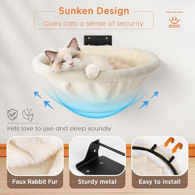 Cat Hammock Wall Mounted, Foldable & Stable Cat Beds- Breathable Cats Wall Shelves for Sleeping, Playing, Climbing, and Lounging - Maximum Hold Up to 30lb(Cream,Faux Rabbit Fur)