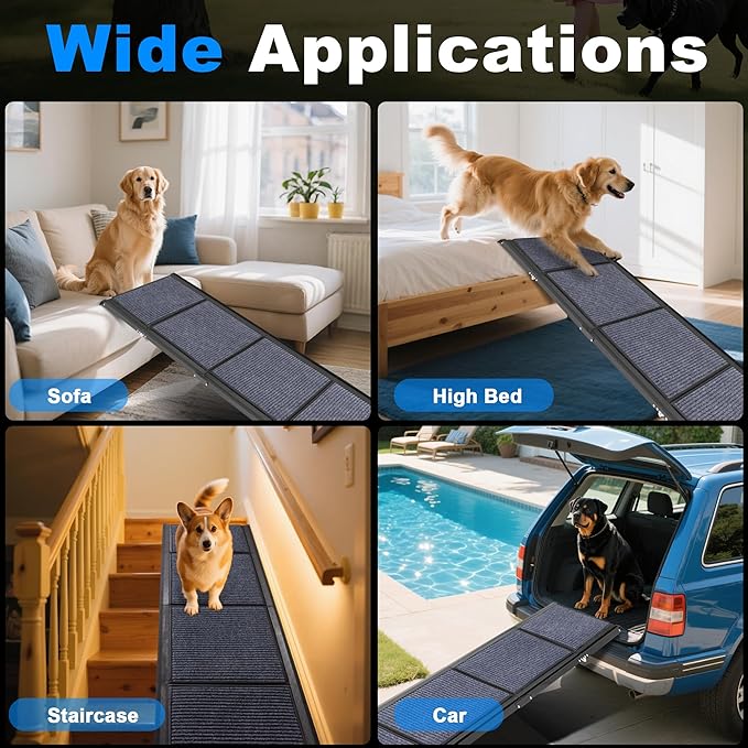 AQUILLA Dog Ramp for Car, 67" Aluminum Foldable Pet Ramp with Anti-Slip Soft Surface, Outdoor Portable Pet Ramp for Old & Medium & Large Dogs Enter Caravans, High Bed, Up to 250LBS (67" L x 17.3" W)